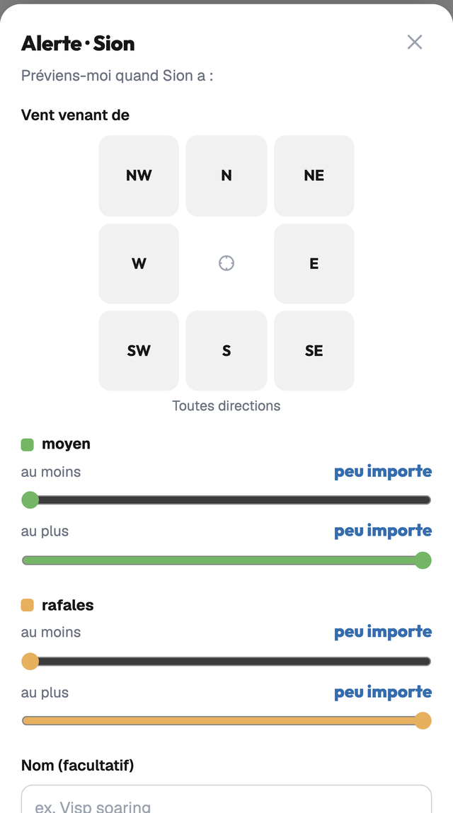 La fenêtre d'alerte avec directions et curseurs
