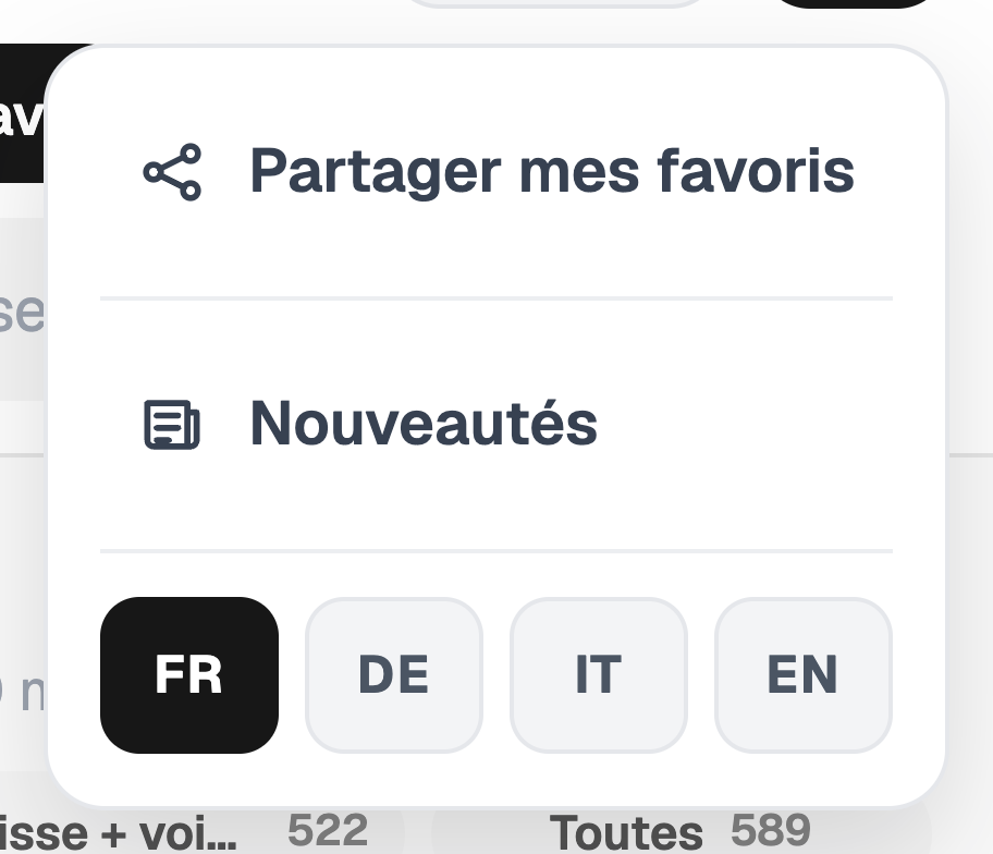 Menu avec Partager mes favoris